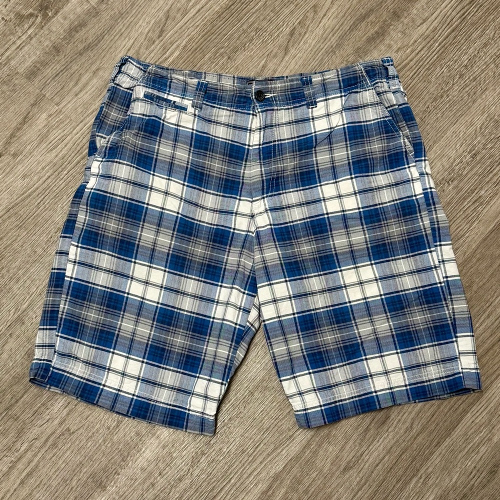 National Outfitters Mens Plaid Shorts Blue White Grey Cotton Size 36‎
